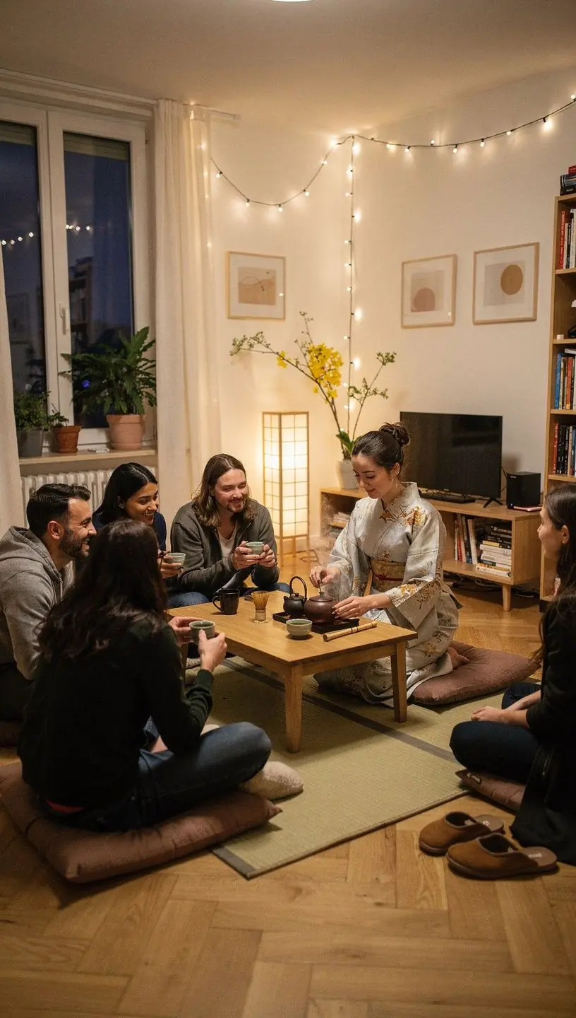 Gros plan sur des feuilles de thГ© Sencha sur une table en bois.