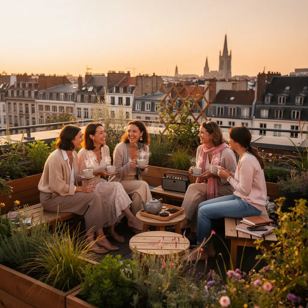Un jardin japonais paisible avec des bambous et des cerisiers en fleurs, évoquant la sérénité du thé Sencha.